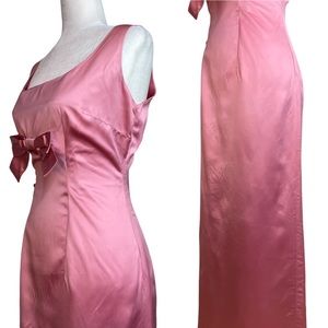 Vintage 1960’s Handsewn Homemade Pink Plunge Satin Sleeveless Midi Dress [Sz 12]